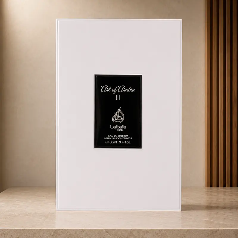 White Art of Arabia II presentation box with a centred black panel showing product and Eau de Parfum details.